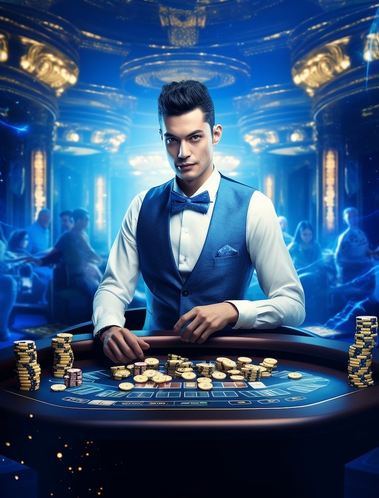 Dealer profesional melempar dadu di studio kasino langsung chessgames